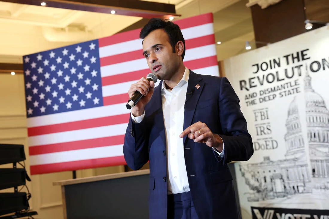 Vivek Ramaswamy speaking at a 2024 campaign event, illustrating his engagement in the presidential race.