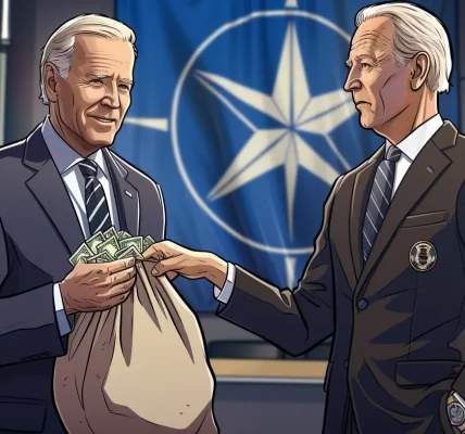 Illustration of a steadfast Biden confronting the challenges posed by Trump's NATO remarks, symbolizing commitment to alliances.