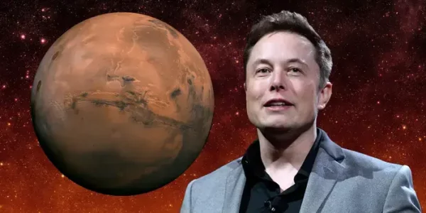 Elon Musk presenting at SpaceX event, discussing Mars colonization