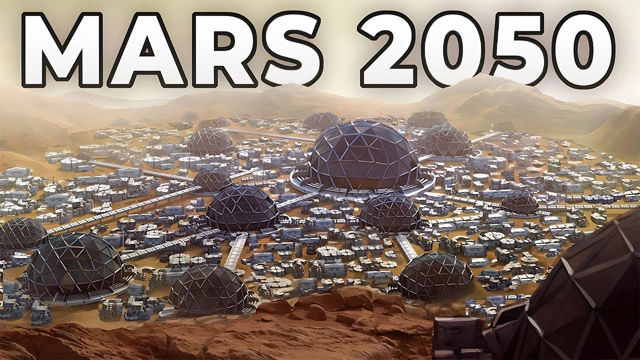 Concept art showcasing habitats and infrastructure for sustainable living on Mars.