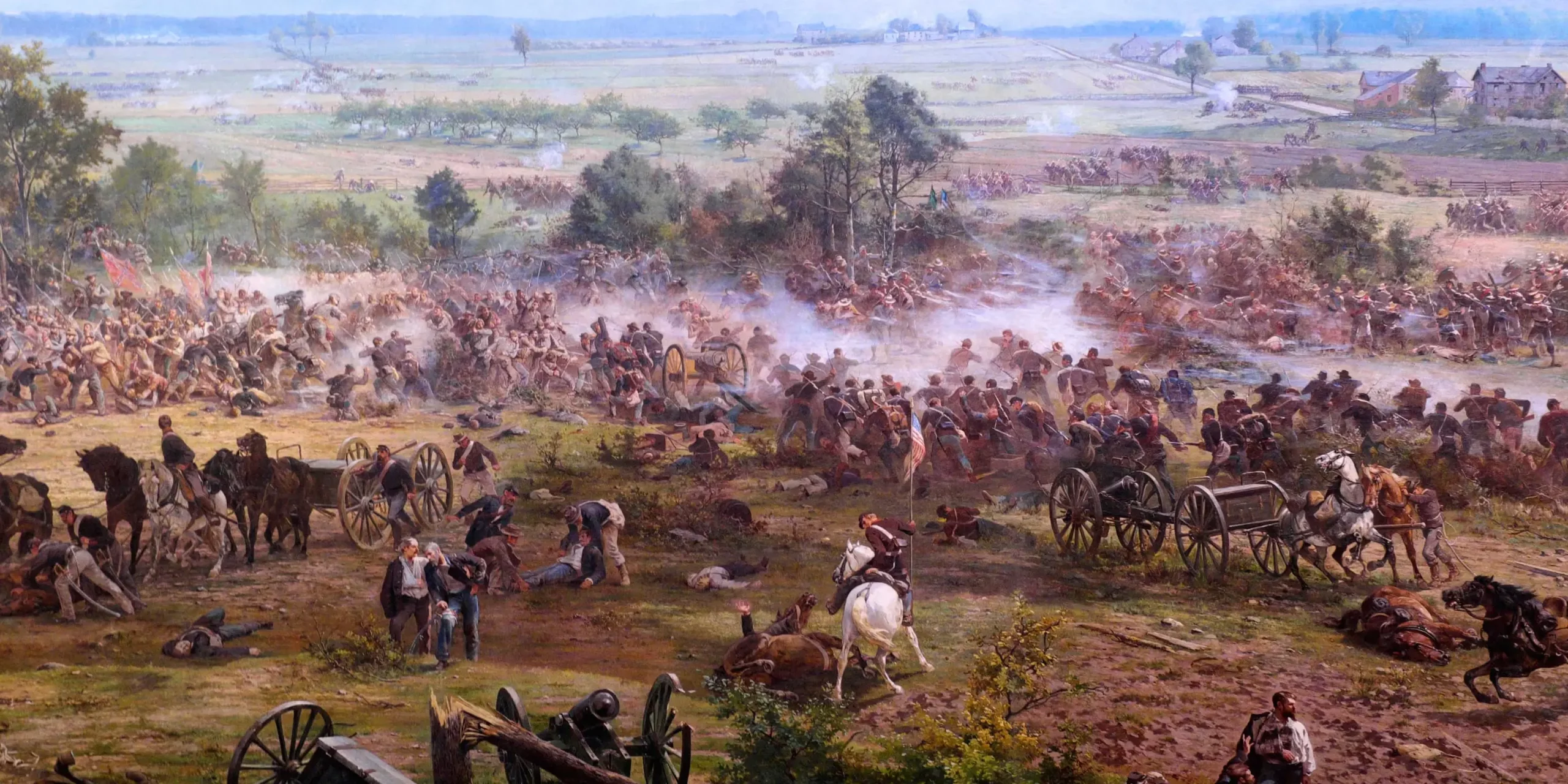 Panoramic view of the Battle of Gettysburg, showcasing the largest engagement of the American Civil War with Union and Confederate forces clashing.