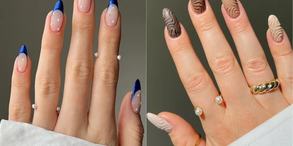 Nail Art ampilan dekat kuku yang dihias dengan desain nail art geometris yang mencolok dan warna-warna cerah
